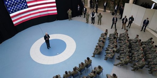 U.S. President Joe Biden speaks to members of the 82nd Airborne Division at the G2A Arena, March 25, 2022, in Jasionka, Poland (AP photo by Evan Vucci).