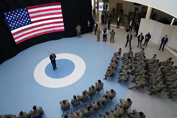 U.S. President Joe Biden speaks to members of the 82nd Airborne Division at the G2A Arena, March 25, 2022, in Jasionka, Poland (AP photo by Evan Vucci).