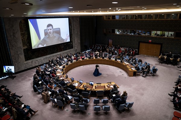 Ukrainian President Volodymyr Zelenskyy speaks via remote feed during a meeting of the U.N. Security Council, April 5, 2022 (AP Photo/John Minchillo).