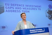 European Commission Executive Vice-President Margrethe Vestager speaks at the EU headquarters in Brussels, May 18, 2022 (SIPA via AP Images).