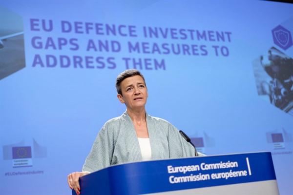 European Commission Executive Vice-President Margrethe Vestager speaks at the EU headquarters in Brussels, May 18, 2022 (SIPA via AP Images).