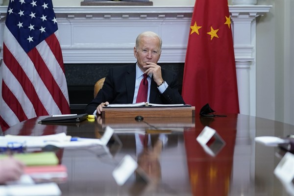 President Joe Biden meets virtually with Chinese President Xi Jinping from the Roosevelt Room of the White House, Washington, Nov. 15, 2021 (AP photo by Susan Walsh).