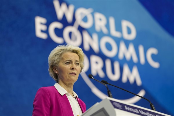 European Commission President Ursula von der Leyen speaks at the World Economic Forum in Davos, Switzerland, May 24, 2022 (AP photo by Markus Schreiber).