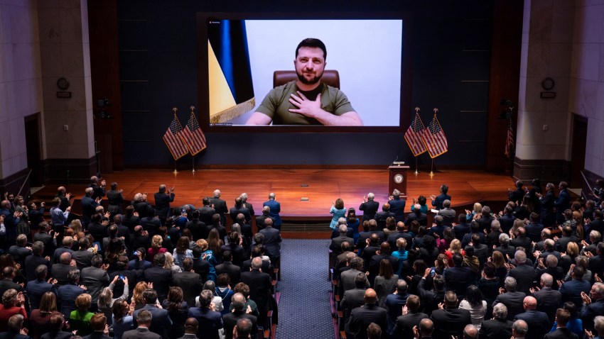 Ukrainian President Volodymyr Zelenskyy speaks to the U.S. Congress by video to plead for support, March 16, 2022.