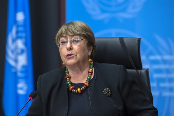 Michelle Bachelet, UN High Commissioner for Human Rights, speaks during a news conference at the European headquarters of the United Nations in Geneva, Switzerland, on Dec. 9, 2020 (Keystone photo by Martial Trezzini via AP).