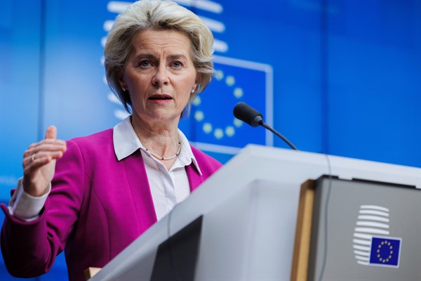 European Commission President Ursula von der Leyen talks with the press after a meeting of EU leaders at the Europa building in Brussels, May 30, 2022 (AP photo by Olivier Matthys).