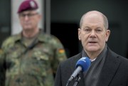 German Chancellor Olaf Scholz speaks as part of a visit of the Joint Operations Command of the German armed forces, in Schwielowsee near Berlin, Germany, March 4, 2022 (AP photo by Michael Sohn).