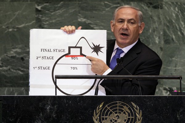 Then-Israeli Prime Minister Benjamin Netanyahu uses a cartoonish diagram to dramatize his claim that Iran was close to enriching enough uranium for a nuclear weapon, at the U.N. General Assembly, New York, Sept. 27, 2012 (AP photo by Richard Drew).