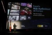 Nadia Calvino, Spain’s minister for economic affairs and digital transformation, speaks at the presentation of the Spain Audiovisual Hub Plan, at the Cine Dore, in Madrid, Spain, March 24, 2021 (Europa Press photo via AP).