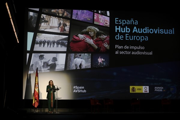 Nadia Calvino, Spain’s minister for economic affairs and digital transformation, speaks at the presentation of the Spain Audiovisual Hub Plan, at the Cine Dore, in Madrid, Spain, March 24, 2021 (Europa Press photo via AP).