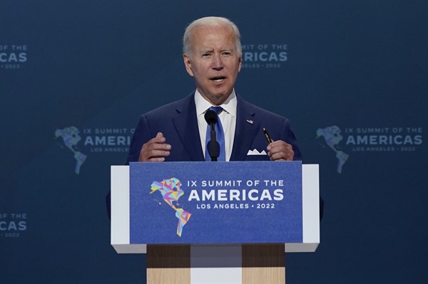 President Joe Biden speaks during the opening plenary session of the Summit of the Americas, in Los Angeles, June 9, 2022 (AP photo by Evan Vucci).
