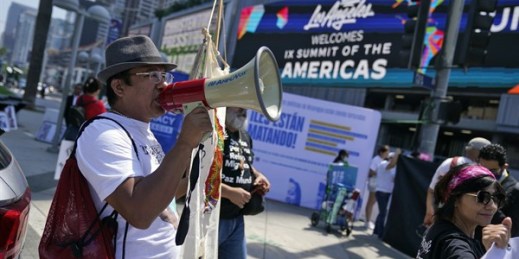 A demonstrator shouts slogans during a protest asking for immigration reform, ahead of the Summit of the Americas, June 7, 2022, in Los Angeles (AP photo by Marcio Jose Sanchez).