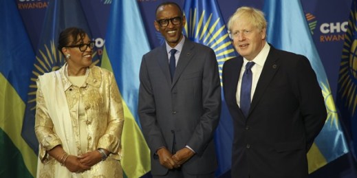 Commonwealth Secretary-General Patricia Scotland, Rwandan President Paul Kagame and British Prime Minister Boris Johnson greet each other at the Commonwealth Heads of Government Meeting, in Kigali, Rwanda, June 24, 2022 (AP photo by Muhizi Olivier).