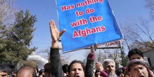 Protesters shout anti-U.S. slogans during a protest condemning President Joe Biden's decision on frozen Afghan assets in Kabul, Afghanistan, Feb. 15, 2022 (AP photo by Hussein Malla).
