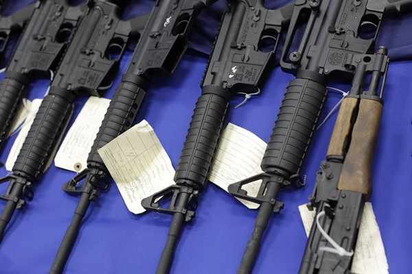 Seized firearms that were destined for the Los Zetas drug trafficking organization in Mexico are seen at a news conference, Feb. 8, 2012, in San Antonio. (AP photo by Eric Gay).