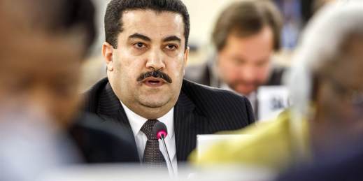 Mohammed Shia al-Sudani speaks during a statement at the special session on Iraq of the Human Rights Council, at the European headquarters of the United Nations in Geneva, Switzerland, Sept. 1, 2014 (AP photo by Salvatore Di Nolfi).