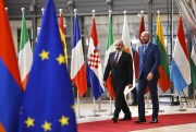 Armenian Prime Minister Nikol Pashinyan, left, walks with European Council President Charles Michel at the European Council building in Brussels, March 9, 2020 (AP photoby Olivier Matthys).