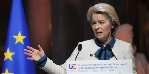 European Commission President Ursula von der Leyen speaks during a press conference after the EU summit at the Chateau de Versailles, March 11, 2022 in Versailles, France (AP photo by Michel Euler).