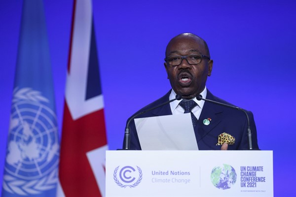 Gabonese President Ali Bongo speaks during the opening ceremony of the U.N. Climate Change Conference COP26 in Glasgow, Scotland, Nov. 1, 2021 (Pool photo by Yves Herman via AP).