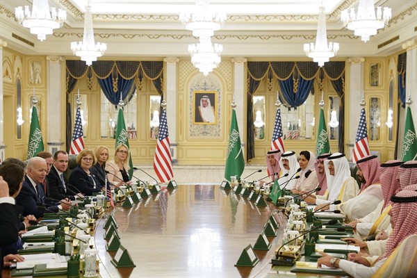 U.S. President Joe Biden participates in a working session with Saudi Crown Prince Mohammed bin Salman at the Al Salman Royal Palace, in Jeddah, Saudi Arabia, July 15, 2022 (AP photo by Evan Vucci).