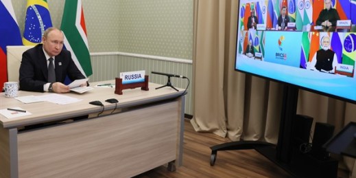 Russian President Vladimir Putin takes part in the virtual BRICS summit via a video call, Moscow, Russia, June 23, 2022 (Sputnik photo by Mikhail Metzel via AP).