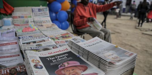 Newspapers in Kenya, formerly part of the British Empire, show coverage of the death of Queen Elizabeth II at a newstand in Nairobi.