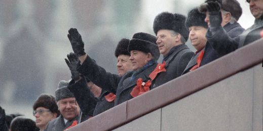 Then-Soviet President Mikhail Gorbachev waves during the military parade marking the 71st anniversary of the Bolshevik revolution in Moscow in 1988.