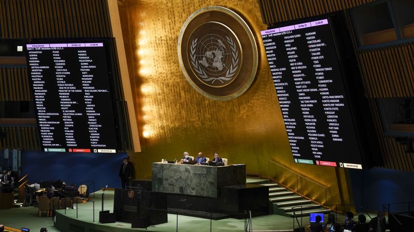 United Nations members vote on a resolution concerning the Russian invasion of Ukraine during an emergency meeting of the General Assembly.