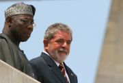 Then-Nigerian President Olusegun Obasanjo and then-Brazilian President Luiz Inacio Lula da Silva attend an arrival ceremony for Obasanjo discussing Brazil's foreign policy