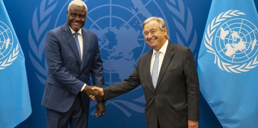 African Union Chairperson Moussa Faki Mahamat meets with United Nations Secretary-General Antonio Guterres at UN headquarters