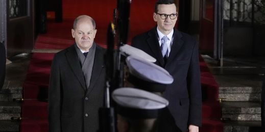 German Chancellor Olaf Scholz is greeted by Polish Prime Minister Mateusz Morawiecki amid the Ukraine war