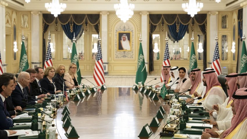 U.S. President Joe Biden participates in a working session with Saudi Crown Prince Mohammed bin Salman in Jeddah, Saudi Arabia.