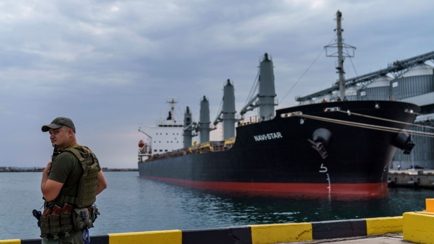 A Russian naval ship on the Black Sea amid a conflict in Ukraine