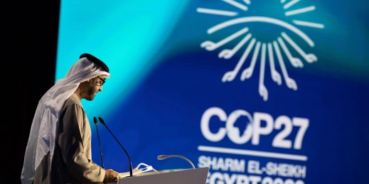 The President of the UAE, a country in the Middle East, discussing climate change at COP27