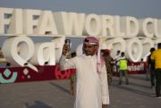 A sign for the FIFA World Cup in Qatar amid questions about the host selection and Qatar's human rights record