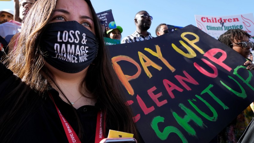 A protestor in support of a "loss and damage" fund for the effects of climate change on the Global South, including Africa