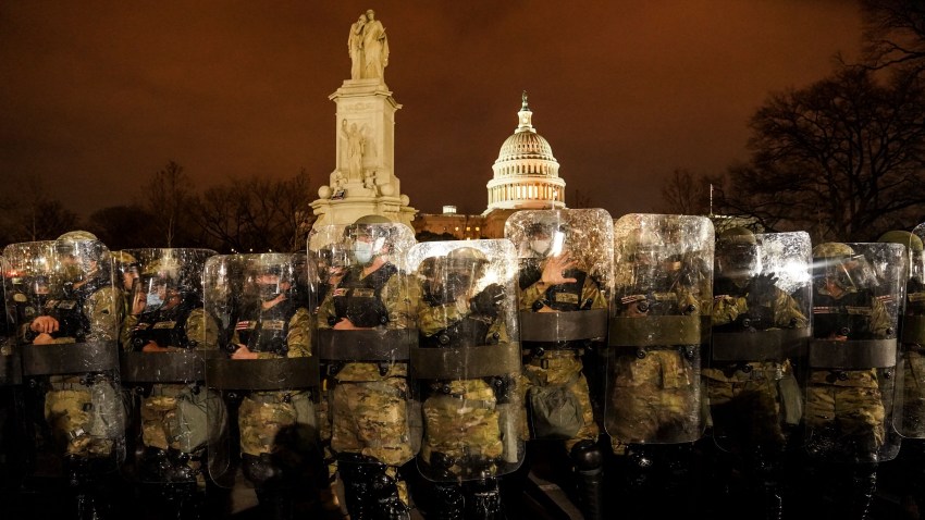 Members of the District of Columbia National Guard stand outside the U.S. Capitol, illustrating the threat of political violence in the US