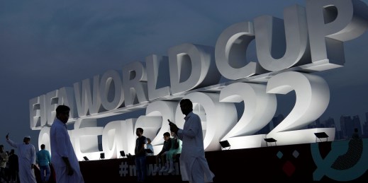 A sign for the 2022 FIFA World Cup in Qatar, where accusations of sportswashing and human rights violations dominated the narrative