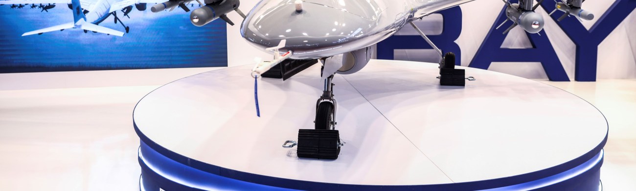 A Bayraktar TB2 drone from Turkey on display at a defense industry showcase
