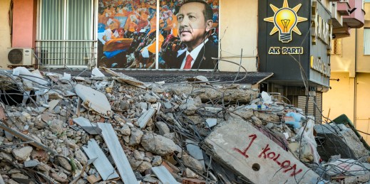 A photo juxtaposing President Erdogan with the earthquake's damage in Turkey ahead of upcoming elections.