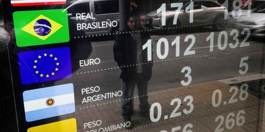 A currency exchange rate board in Santiago, Chile