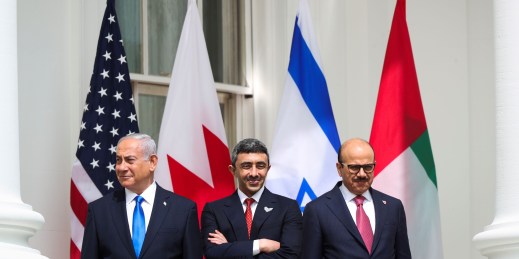 Israeli Prime Minister Benjamin Netanyahu, UAE Foreign Minister Abdullah bin Zayed Al Nahyan and Bahraini Foreign Minister Abdullatif bin Rashid Al Zayani