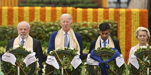 G20 leaders pay their respects at the Rajghat, a Mahatma Gandhi memorial, in New Delhi.