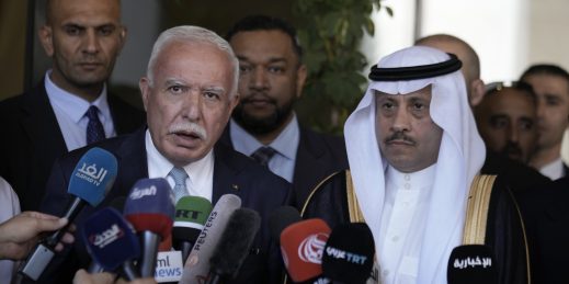 The Saudi ambassador to the Palestinian Authority and the Palestinian Minister of Foreign Affairs and Expatriates in Ramallah.