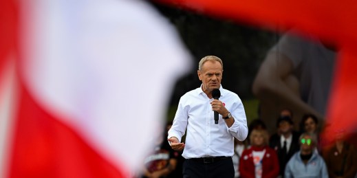Polish opposition leader Donald Tusk speaks during a campaign rally.