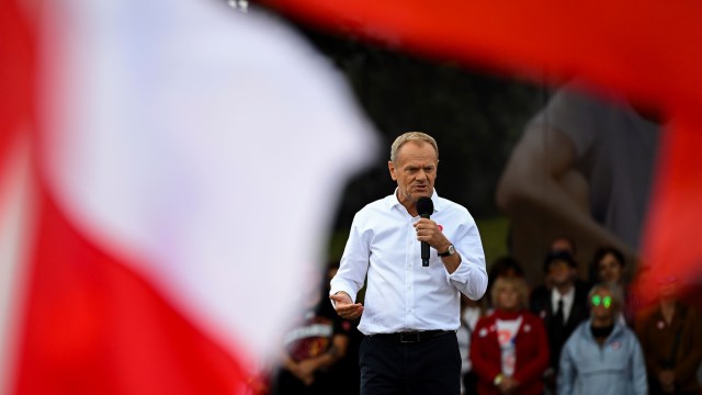 Opposition leader Polish opposition leader Donald Tusk speaks during a campaign rally.