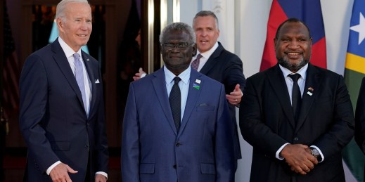 U.S. President Joe Biden poses for photos with Pacific Island leaders including Solomon Islands Prime Minister Manasseh Sogavare and Papua New Guinea Prime Minister James Marape, at the White House in Washington, Sept. 29, 2022.