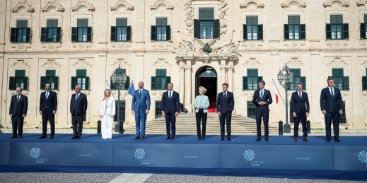 The leaders of nine southern EU countries and two EU officials pose for a photo.