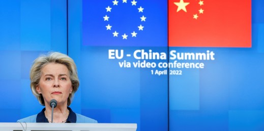 European Commission President Ursula von der Leyen speaks during a press conference at the end of the EU-China video summit, in Brussels, Belgium, April 1, 2022.
