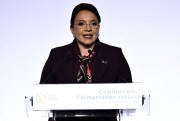Honduran President Xiomara Castro delivers a speech during the first meeting of the Global School Meals Coalition in Paris, Oct. 18, 2023.